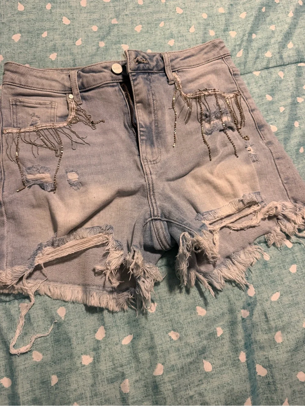 Large Distressed Light Blue Denim Jean Shorts w/ Beaded Fringe. MUST BE BUNDLED